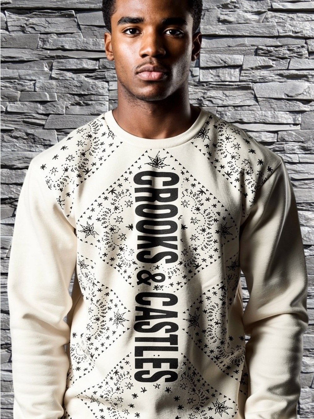 Crooks & Castles Cream Crewneck with Black Logo Print